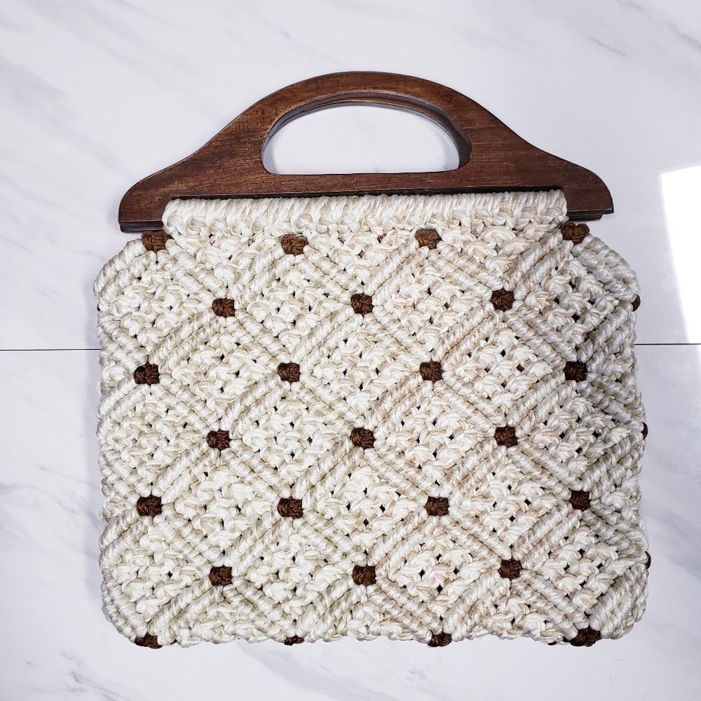 Vintage boho macrame crocheted wooden handle bag